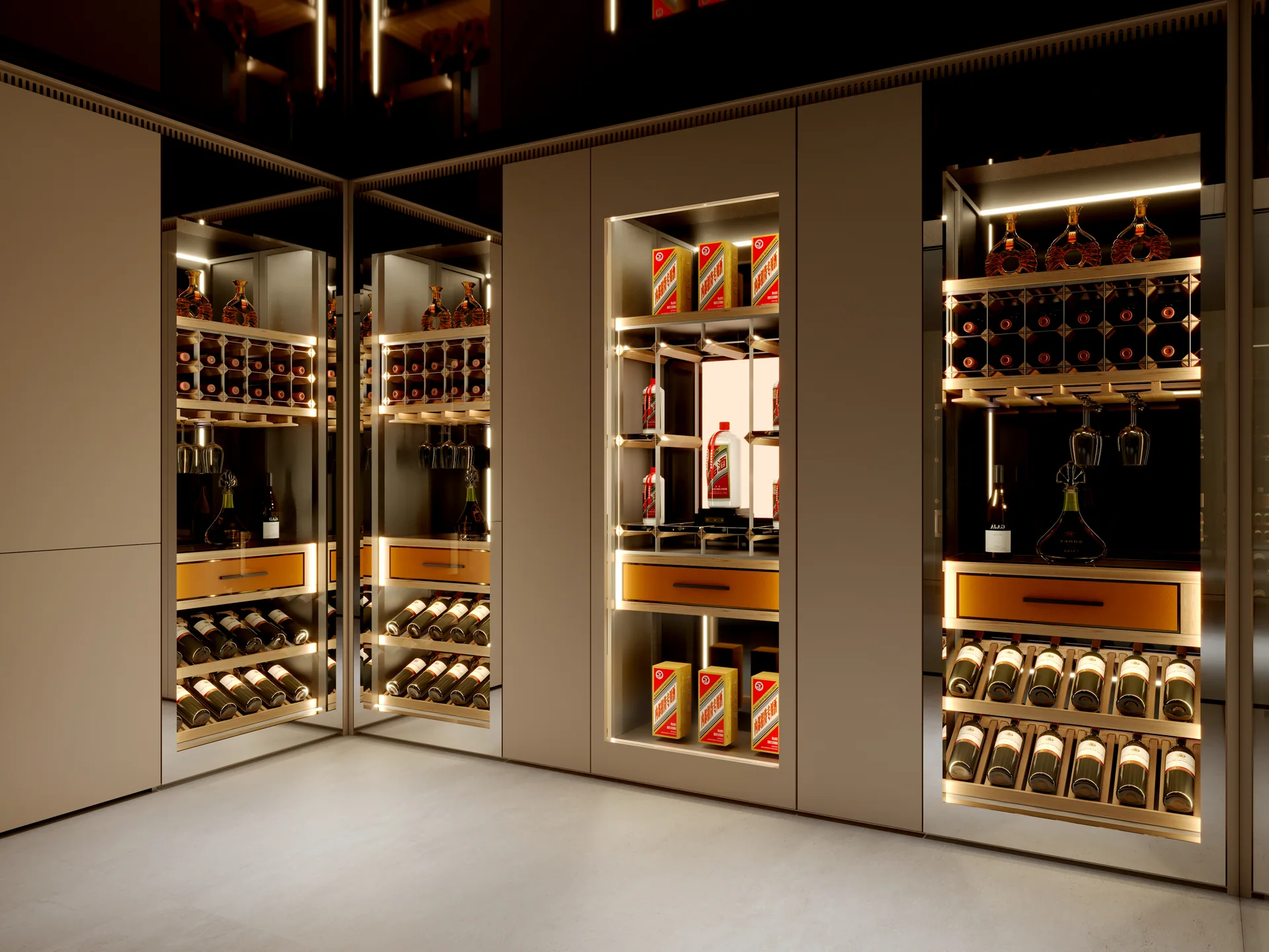 Corner wine storage with warm lighting and display shelving