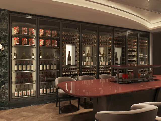 Wine cellar lounge with fitted wine storage and furniture